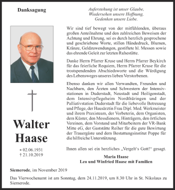 Traueranzeige von Walter Haase von Thüringer Allgemeine