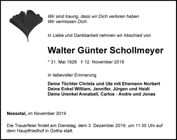 Traueranzeige von Walter Günter Schollmeyer von Ostthüringer Zeitung, Thüringische Landeszeitung