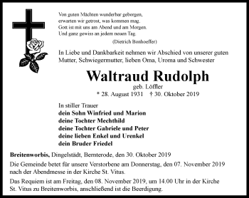 Traueranzeige von Waltraud Rudolph von Thüringer Allgemeine