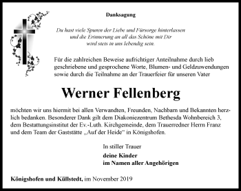 Traueranzeige von Werner Fellenberg von Ostthüringer Zeitung