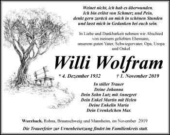 Traueranzeige von Willi Wolfram von Ostthüringer Zeitung