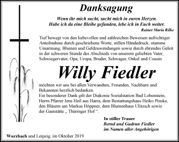 Traueranzeige von Willy Fiedler von Ostthüringer Zeitung
