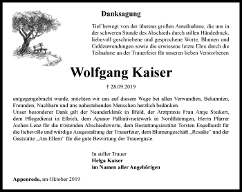 Traueranzeige von Wolfgang Kaiser von Thüringer Allgemeine