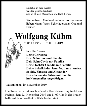 Traueranzeige von Wolfgang Kühm von Thüringer Allgemeine, Thüringische Landeszeitung