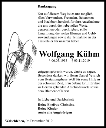 Traueranzeige von Wolfgang Kühm von Thüringer Allgemeine, Thüringische Landeszeitung