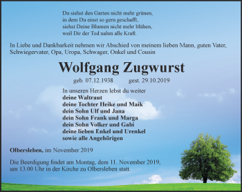 Traueranzeige von Wolfgang Zugwurst von Thüringer Allgemeine