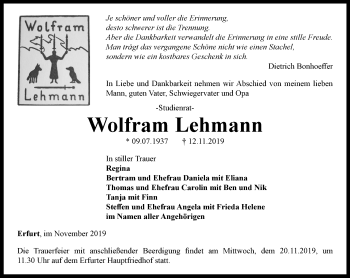 Traueranzeige von Wolfram Lehmann von Thüringer Allgemeine, Thüringische Landeszeitung