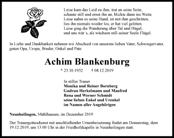 Traueranzeige von Achim Blankenburg von Thüringer Allgemeine, Thüringische Landeszeitung