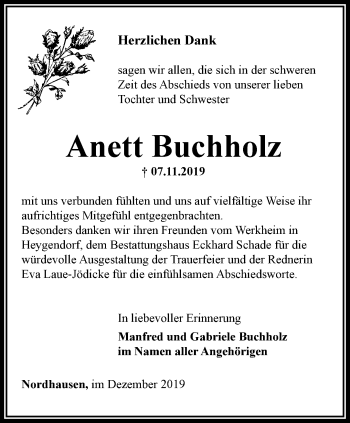 Traueranzeige von Anett Buchholz von Thüringer Allgemeine