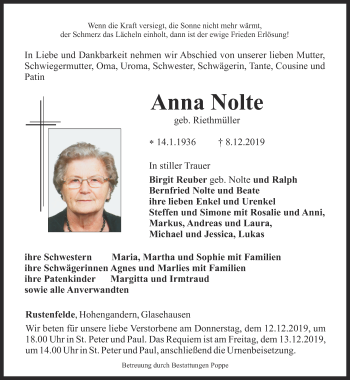 Traueranzeige von Anna Nolte von Thüringer Allgemeine