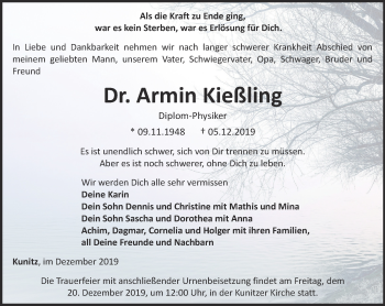 Traueranzeige von Armin Kießling von Ostthüringer Zeitung, Thüringische Landeszeitung