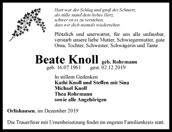 Traueranzeige von Beate Knoll von Thüringer Allgemeine