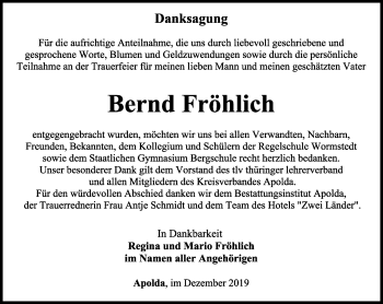 Traueranzeige von Bernd Fröhlich von Thüringer Allgemeine, Thüringische Landeszeitung