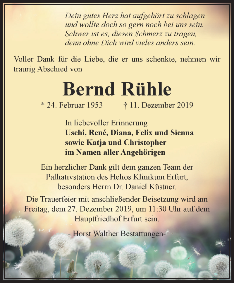  Traueranzeige für Bernd Rühle vom 14.12.2019 aus Thüringer Allgemeine, Thüringische Landeszeitung