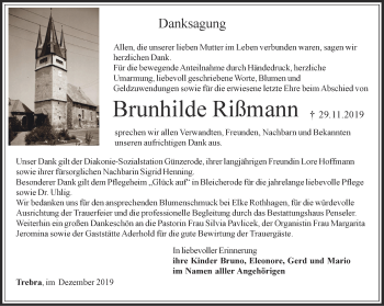 Traueranzeige von Brunhilde Rißmann von Thüringer Allgemeine