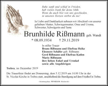 Traueranzeige von Brunhilde Rißmann von Thüringer Allgemeine