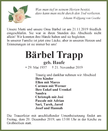 Traueranzeige von Bärbel Trapp von Thüringer Allgemeine, Thüringische Landeszeitung