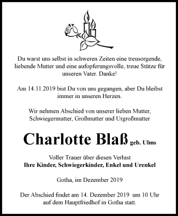 Traueranzeige von Charlotte Blaß von Ostthüringer Zeitung, Thüringische Landeszeitung