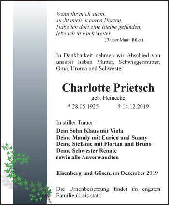 Traueranzeige von Charlotte Prietsch von Ostthüringer Zeitung