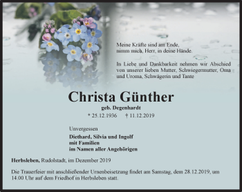 Traueranzeige von Christa Günther von Thüringer Allgemeine, Thüringische Landeszeitung