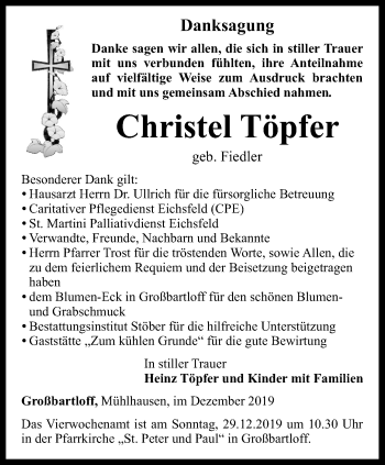 Traueranzeige von Christel Töpfer von Thüringer Allgemeine