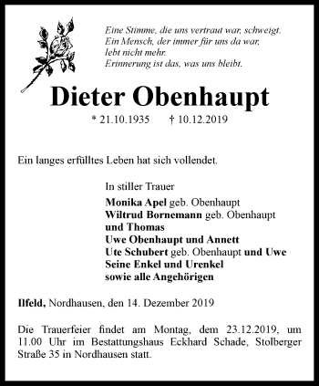 Traueranzeige von Dieter Obenhaupt von Thüringer Allgemeine