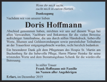 Traueranzeige von Doris Hoffmann von Thüringer Allgemeine, Thüringische Landeszeitung