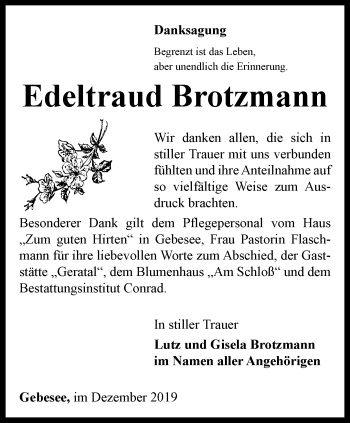 Traueranzeige von Edeltraud Brotzmann von Thüringer Allgemeine, Thüringische Landeszeitung