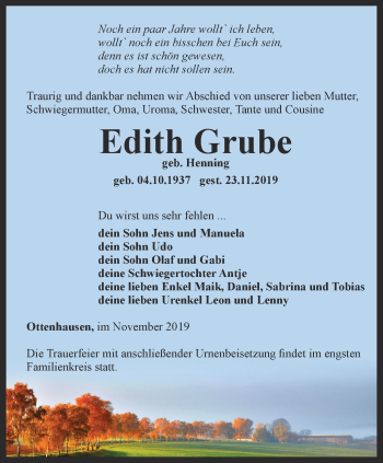 Traueranzeige von Edith Grube von Thüringer Allgemeine
