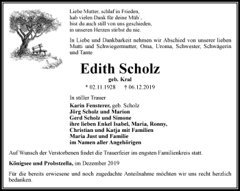 Traueranzeige von Edith Scholz von Ostthüringer Zeitung