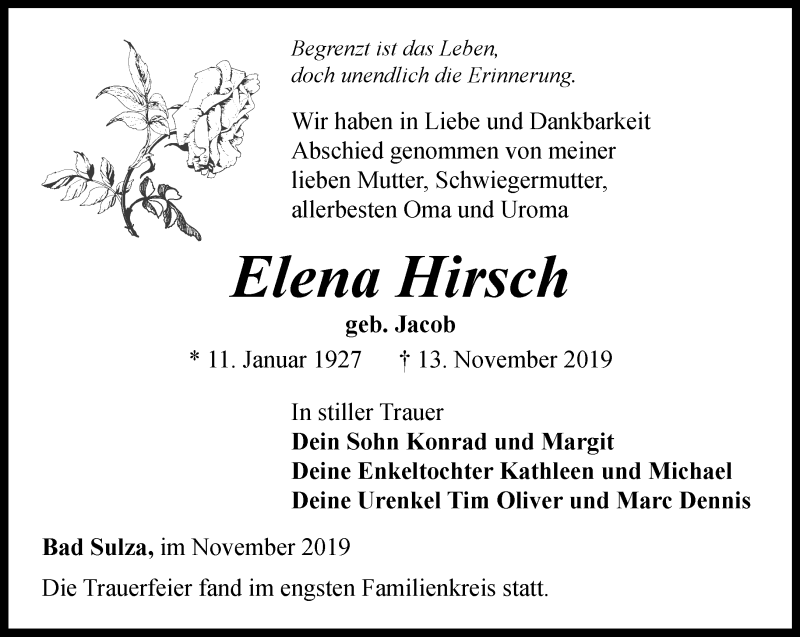  Traueranzeige für Elena Hirsch vom 03.12.2019 aus Thüringer Allgemeine, Thüringische Landeszeitung