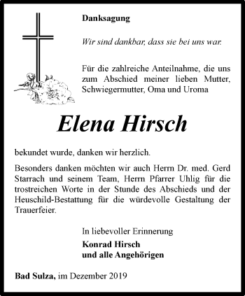 Traueranzeige von Elena Hirsch von Thüringer Allgemeine, Thüringische Landeszeitung