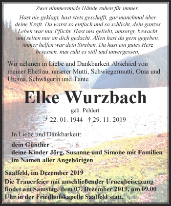 Traueranzeige von Elke Wurzbach von Ostthüringer Zeitung