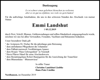 Traueranzeige von Emmi Landshut von Thüringer Allgemeine