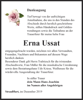 Traueranzeige von Erna Ussat von Thüringer Allgemeine