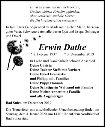 Traueranzeige von Erwin Dathe von Thüringer Allgemeine, Thüringische Landeszeitung