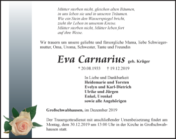 Traueranzeige von Eva Carnarius von Thüringer Allgemeine, Thüringische Landeszeitung