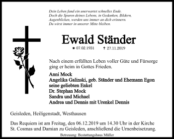 Traueranzeige von Ewald Ständer von Thüringer Allgemeine