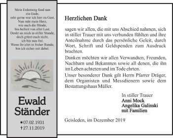 Traueranzeige von Ewald Ständer von Thüringer Allgemeine