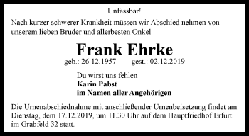 Traueranzeige von Frank Ehrke von Thüringer Allgemeine, Thüringische Landeszeitung
