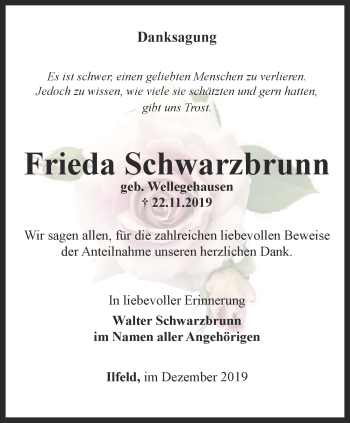 Traueranzeige von Frieda Schwarzbrunn von Thüringer Allgemeine