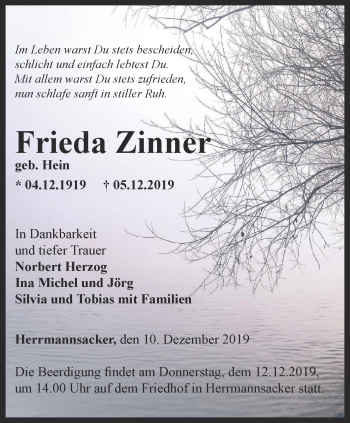 Traueranzeige von Frieda Zinner von Thüringer Allgemeine