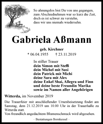 Traueranzeige von Gabriela Aßmann