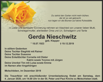 Traueranzeige von Gerda Nieschwitz von Ostthüringer Zeitung, Thüringische Landeszeitung