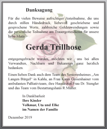 Traueranzeige von Gerda Trillhose von Ostthüringer Zeitung, Thüringische Landeszeitung