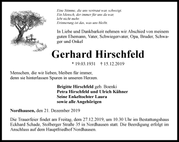 Traueranzeige von Gerhard Hirschfeld von Thüringer Allgemeine