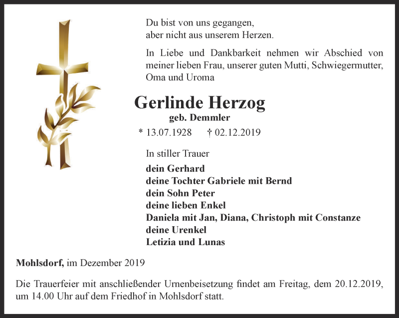  Traueranzeige für Gerlinde Herzog vom 07.12.2019 aus Ostthüringer Zeitung