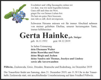 Traueranzeige von Gerta Hainke von Ostthüringer Zeitung