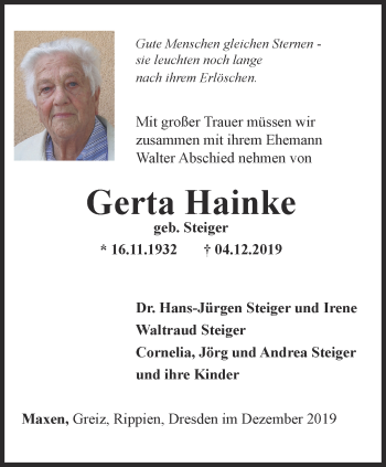 Traueranzeige von Gerta Hainke von Ostthüringer Zeitung