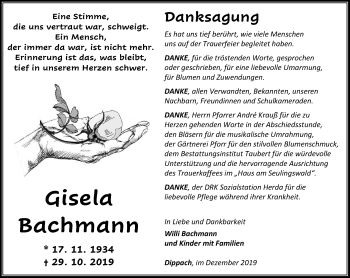 Traueranzeige von Gisela Bachmann von Thüringer Allgemeine, Thüringische Landeszeitung